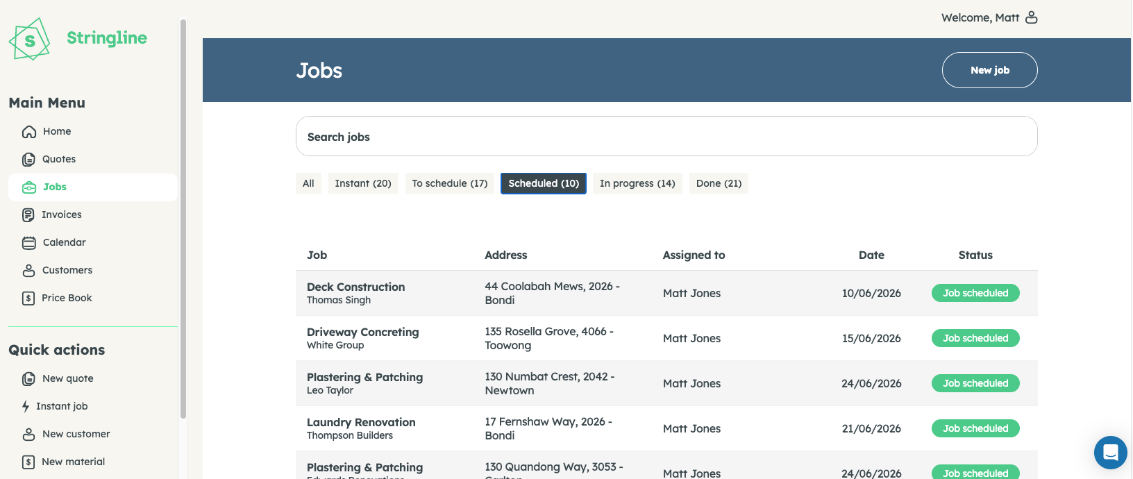 Stringline Jobs — customer-linked job list with one-tap contact
